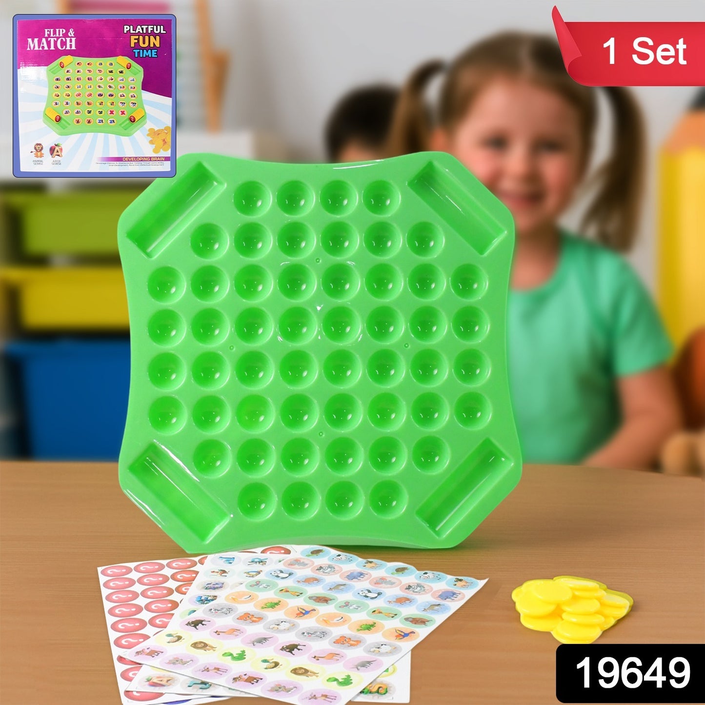 Wukusy Flip Match educational puzzle game toy, colorful plastic pieces arranged in a set for learning and matching activities.
