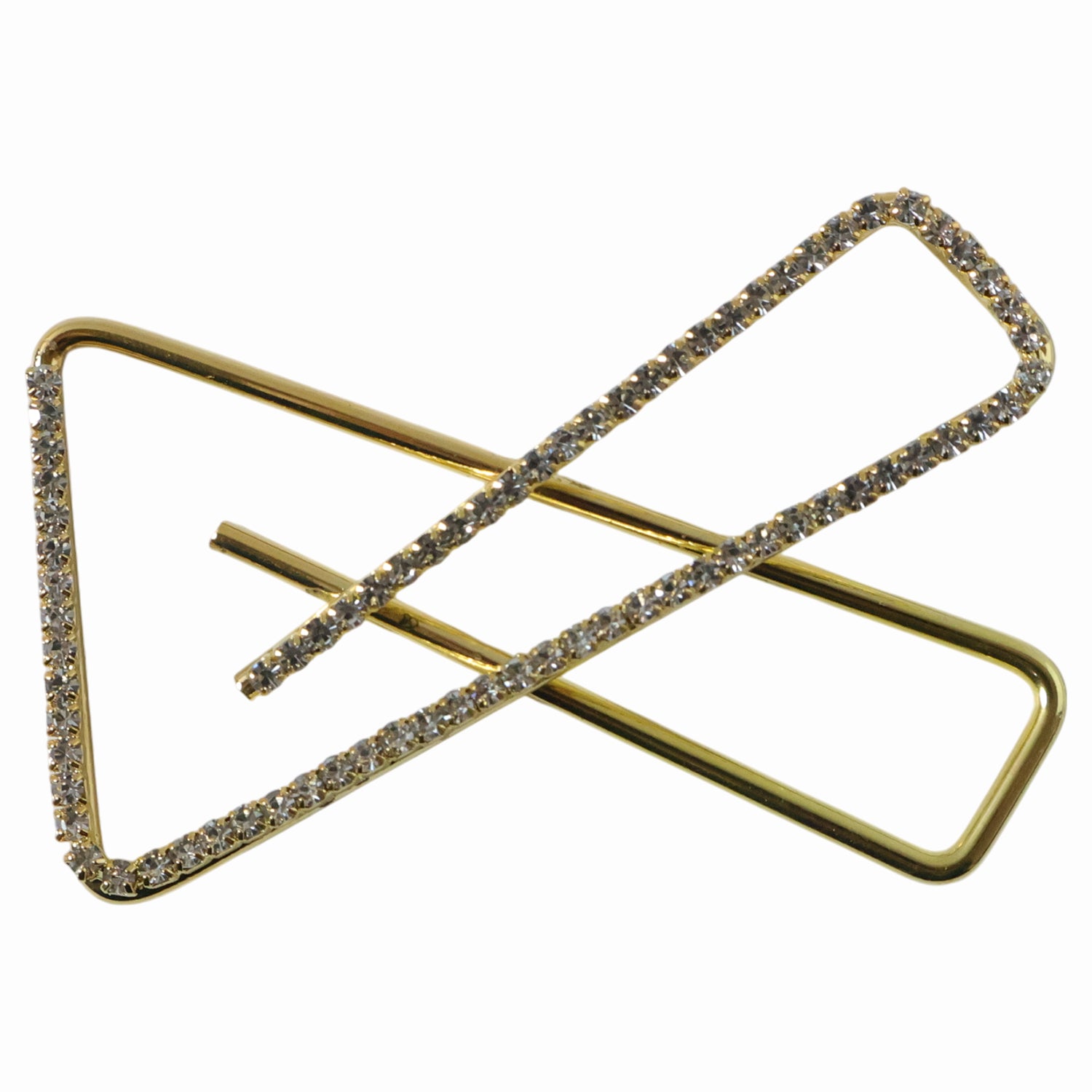 Golden crystal triangle saree safety pin brooch by Wukusy, featuring sparkling crystals and a sleek triangular design.