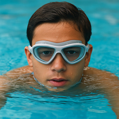 Wukusy premium wide vision swimming goggles with protective hard case, clear lenses, and adjustable strap for comfortable fit.