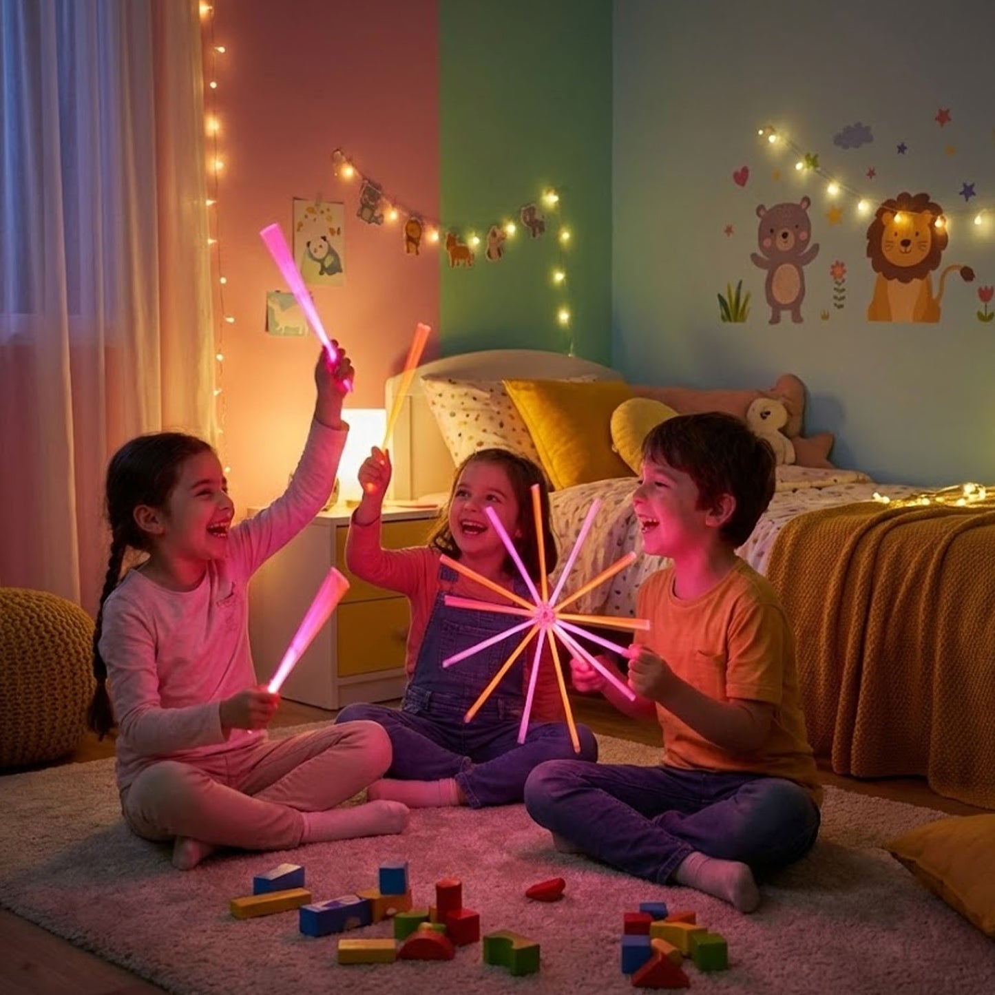 Wukusy Dark Glow Chakdol toy set with 13 glow sticks, featuring colorful glow-in-the-dark spinning tops for children.