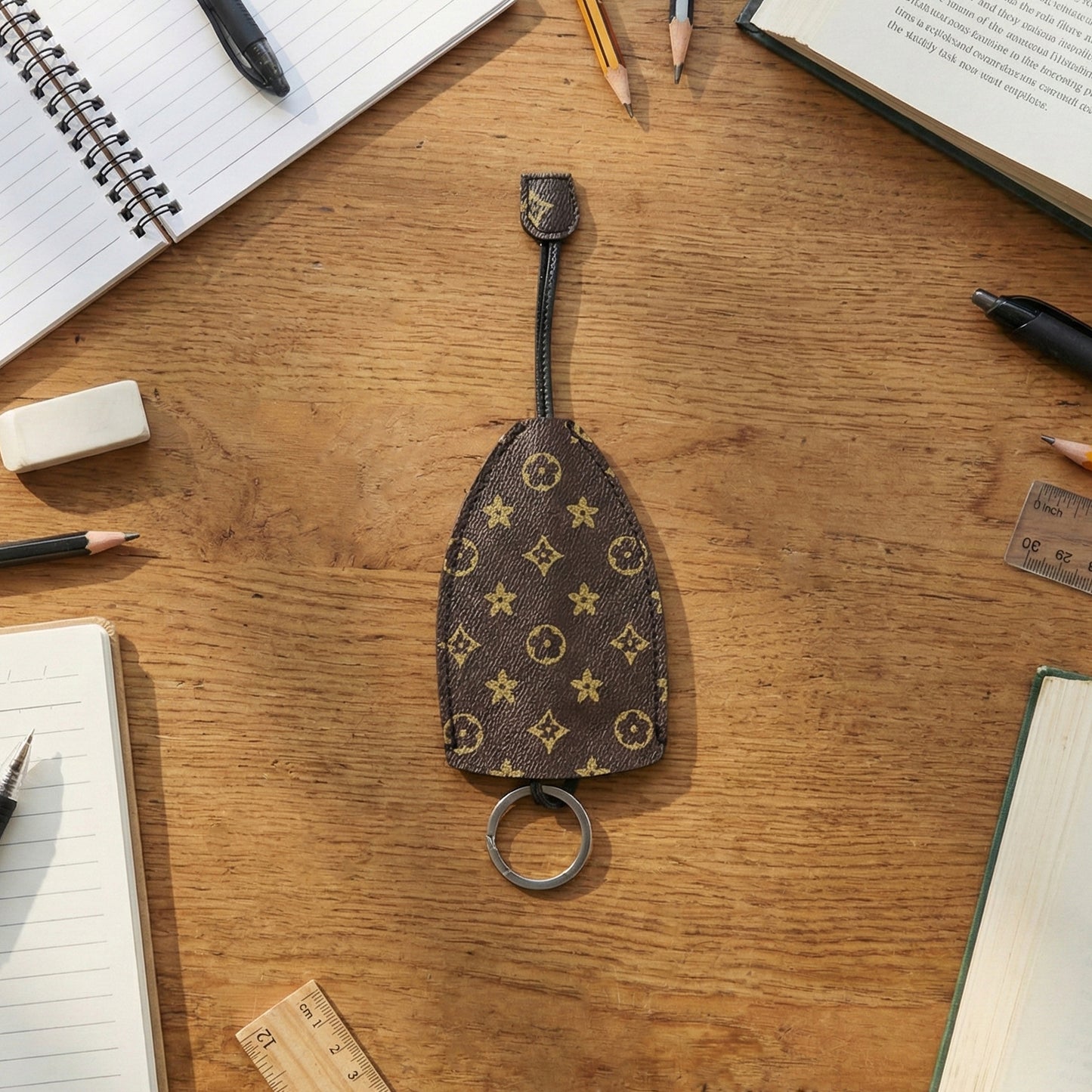 Wukusy premium designer-style keyholder and key case with multiple key rings, black leather finish, compact and stylish.