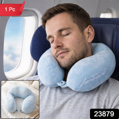Blue Wukusy U-shaped soft travel neck pillow with plush cover, providing head and neck support for comfortable travel.