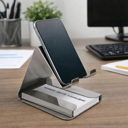Wukusy premium small desktop mobile phone stand holder supporting smartphones, made of sleek black material, on a clean desk surface.