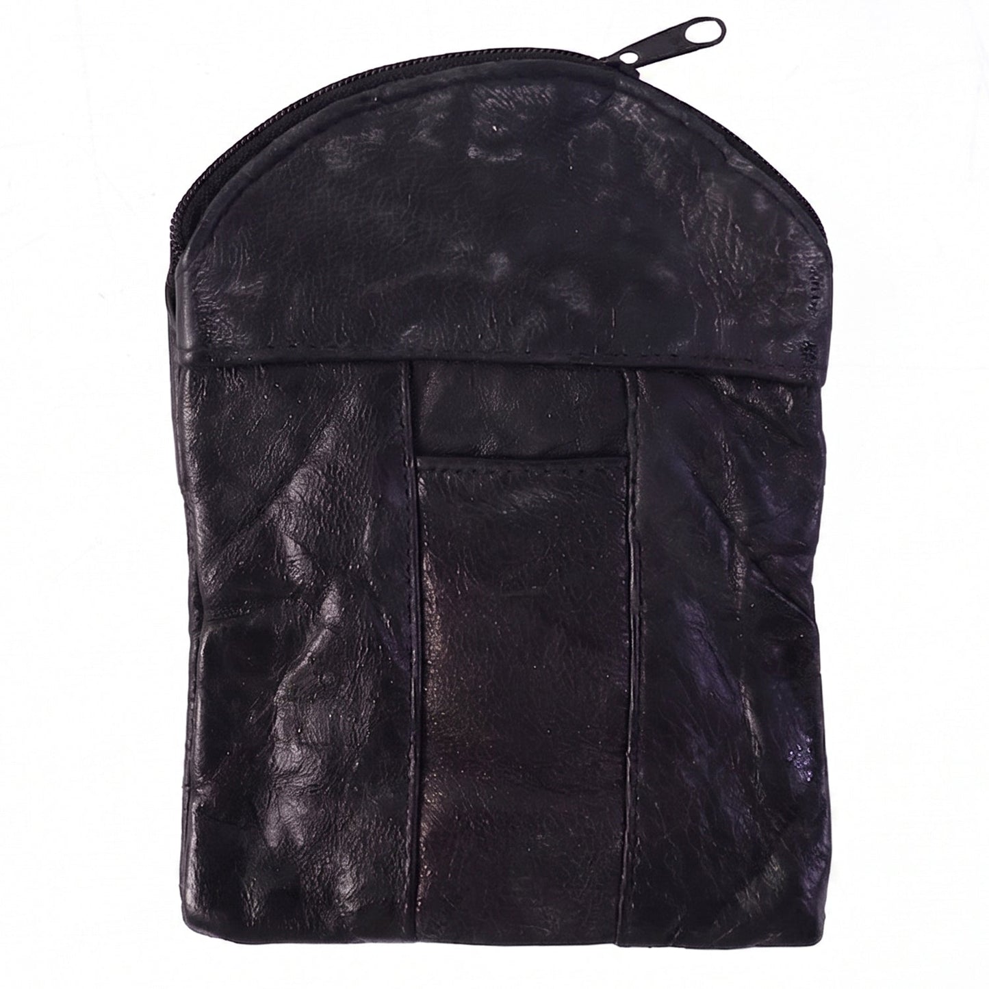 Wukusy leather mini zipper pouch for coins and cards, compact organizer for men and women, black leather with zipper closure