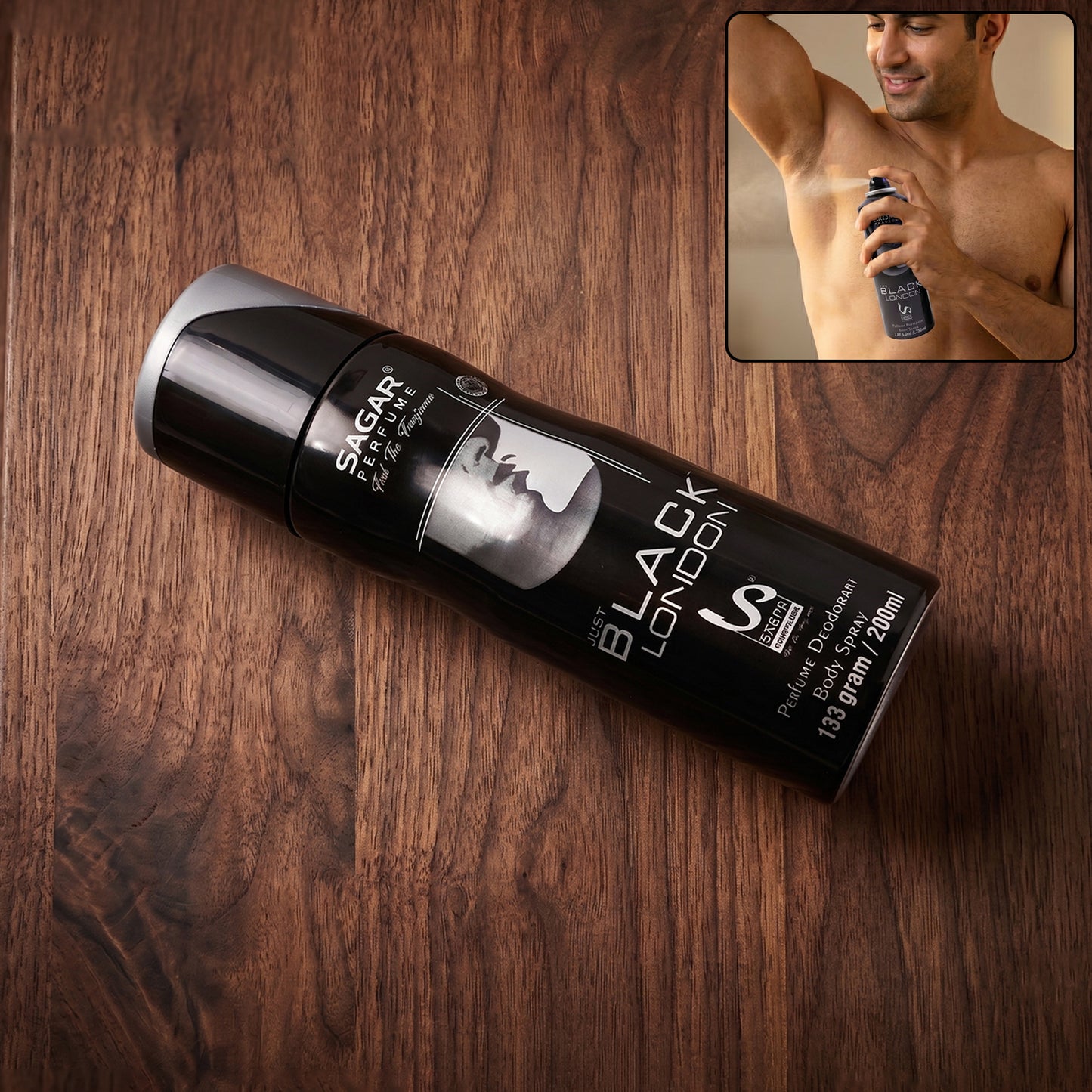 Wukusy Sagar Just Black London men's perfume body spray and deodorant, 200 ml, with sleek black bottle design visible in the image.