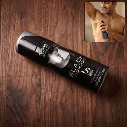 Wukusy Sagar Just Black London men's perfume body spray and deodorant, 200 ml, with sleek black bottle design visible in the image.