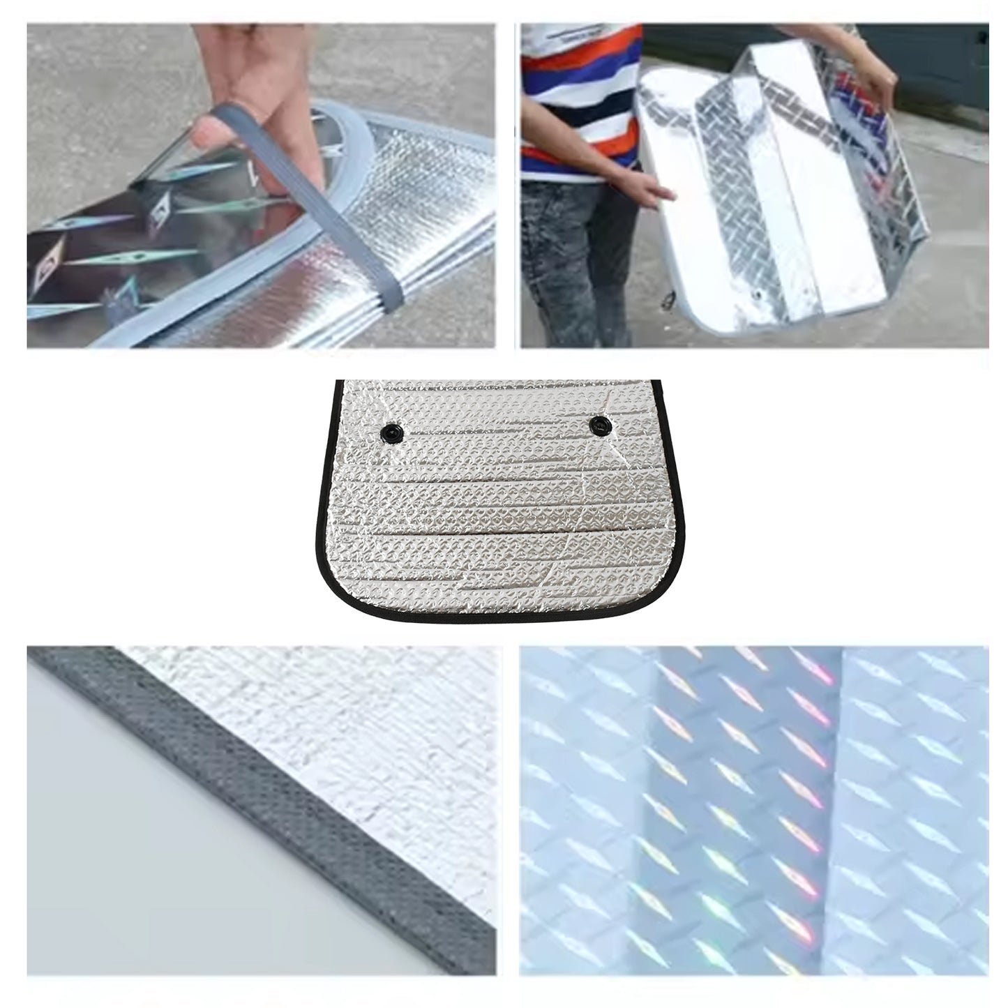 Wukusy car windshield sunshade blocks UV rays, keeps vehicle cool, fitting cars, SUVs, trucks, and vans, shown in image.