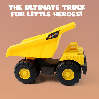 Wukusy Funwoods friction-powered dump truck toy with colorful plastic body and wheels for children to play and load small items.