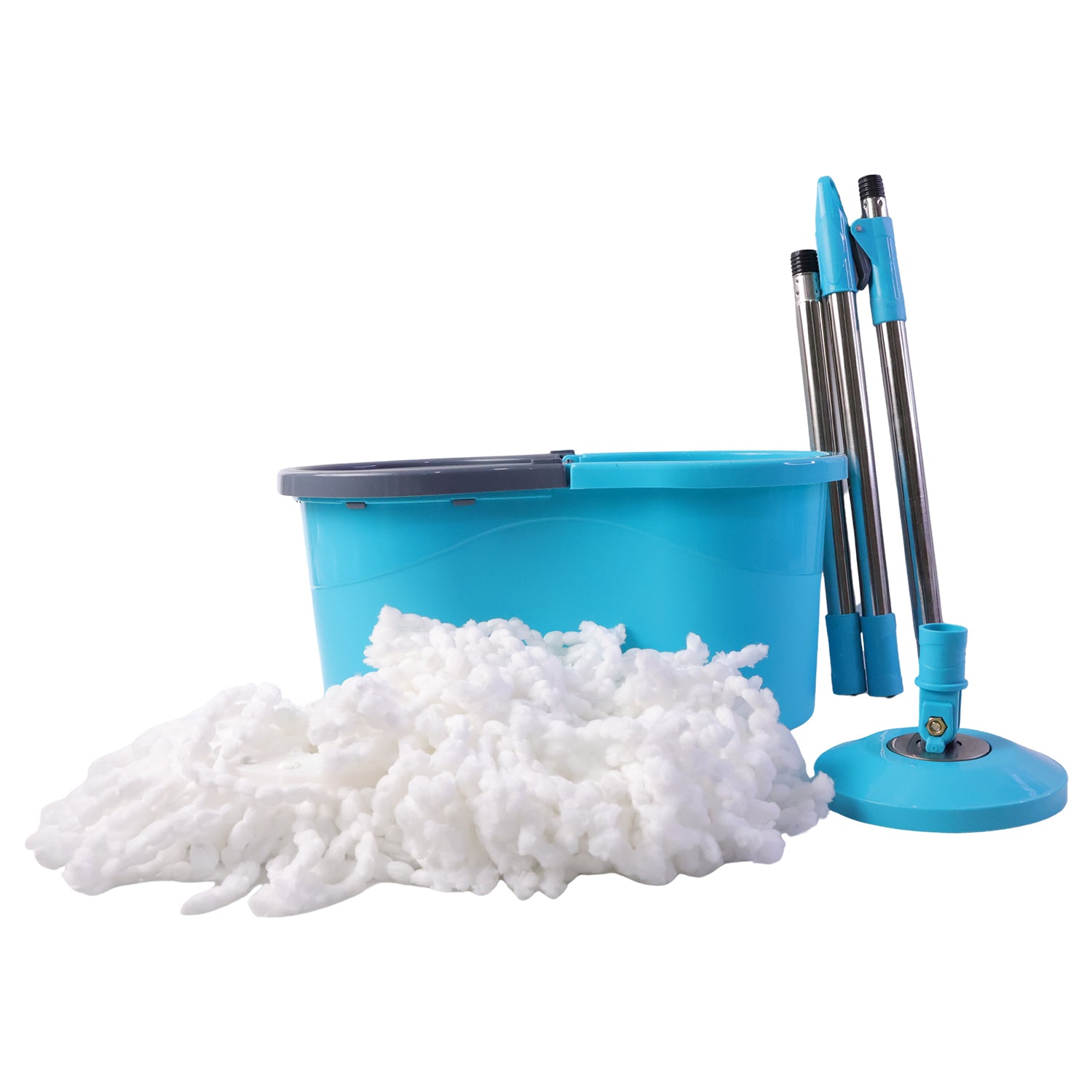 Wukusy 360-degree spin mop bucket set with adjustable stainless steel handle, shown with mop and bucket for easy cleaning.