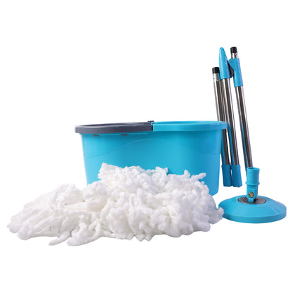 Wukusy 360-degree spin mop bucket set with adjustable stainless steel handle, shown with mop and bucket for easy cleaning.