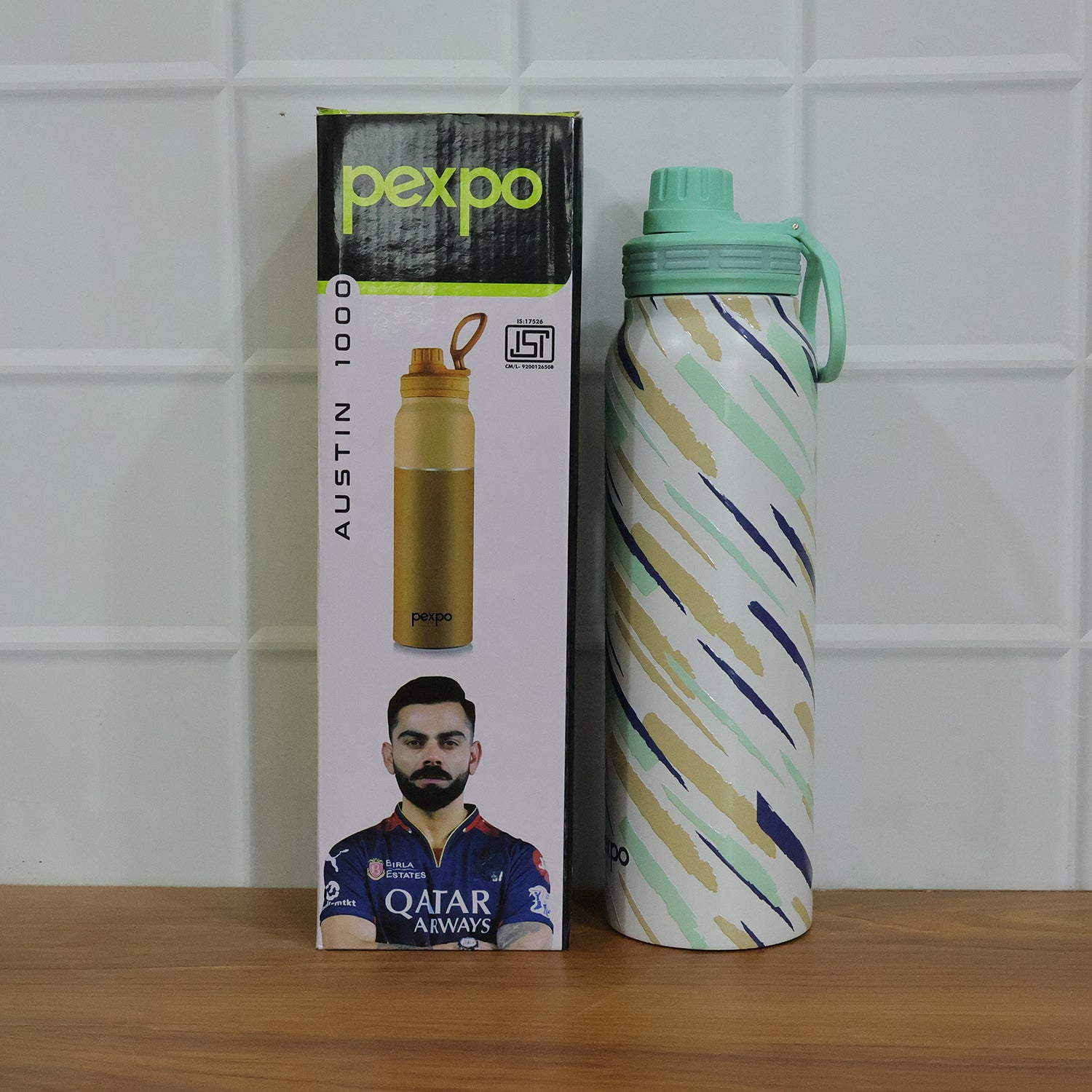 Wukusy Pexpo Austin Art stainless steel water bottle, 1000 ml capacity, with colorful art design and durable construction.