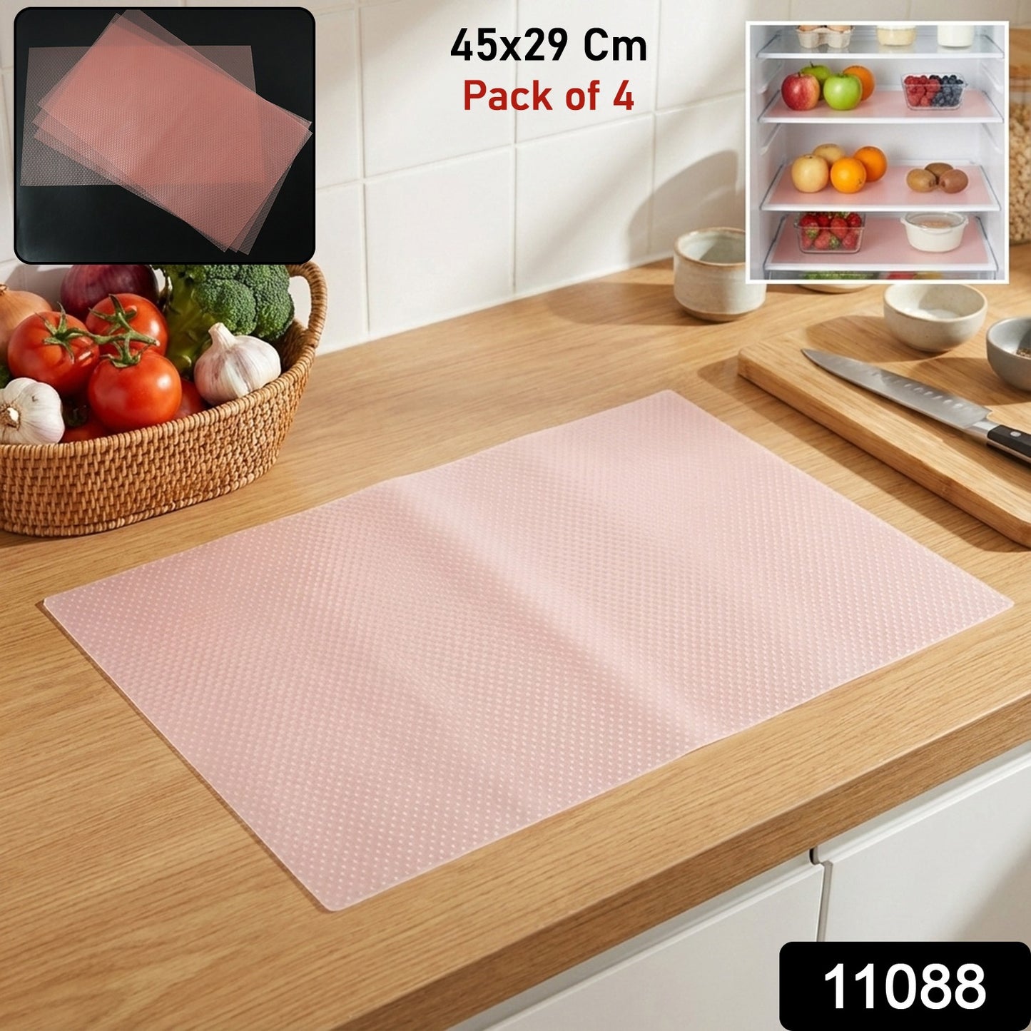 Set of four transparent plastic fridge mats, 45x29 cm, by Wukusy, shown laid flat inside a refrigerator for protection and organization.
