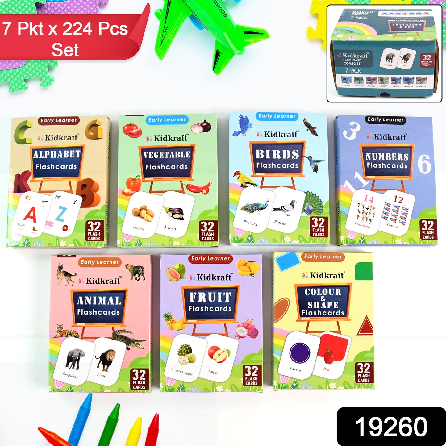 Wukusy 7-in-1 Kidkraft early learner flashcard combo set with 224 colorful educational cards for kids' learning toys