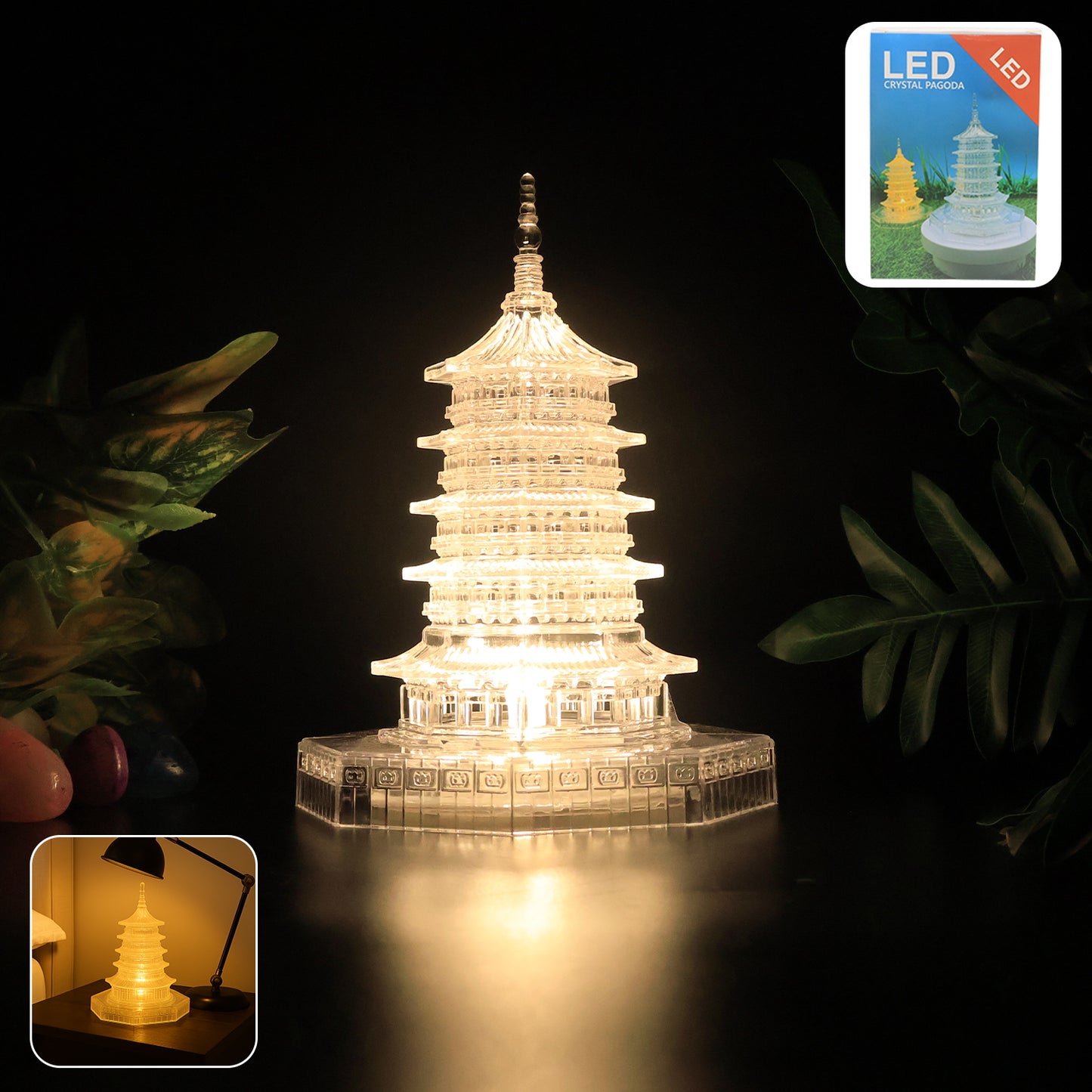 Wukusy premium LED crystal pagoda decorative light for home decor, featuring intricate crystal design and warm LED illumination.