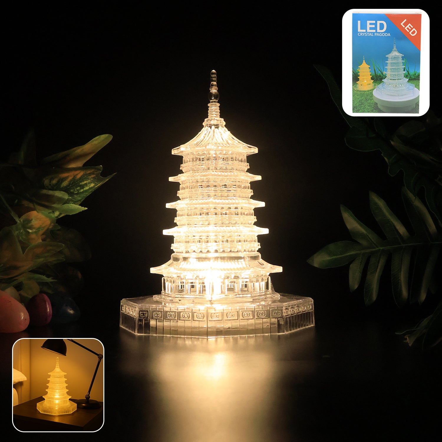 Wukusy premium LED crystal pagoda decorative light for home decor, featuring intricate crystal design and warm LED illumination.