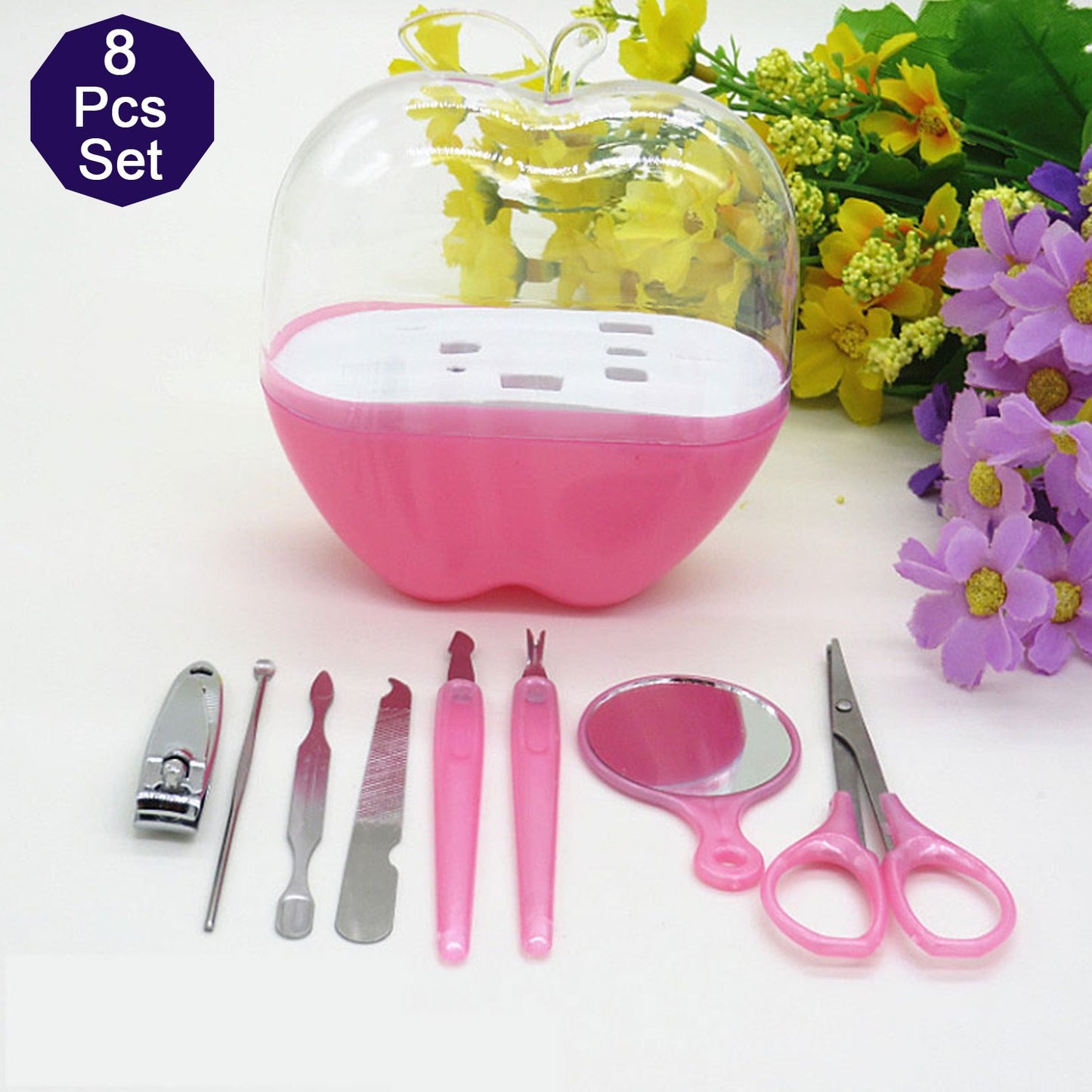 Wukusy 1491 8-in-1 apple-shaped manicure set with various nail tools for beauty and grooming.