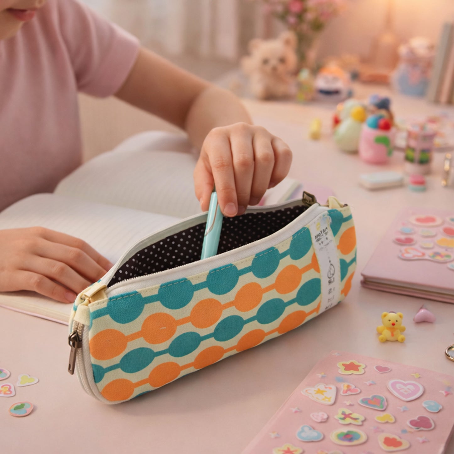 Wukusy multi-color geometric printed pencil pouch with zipper closure, designed for storing stationery and accessories.