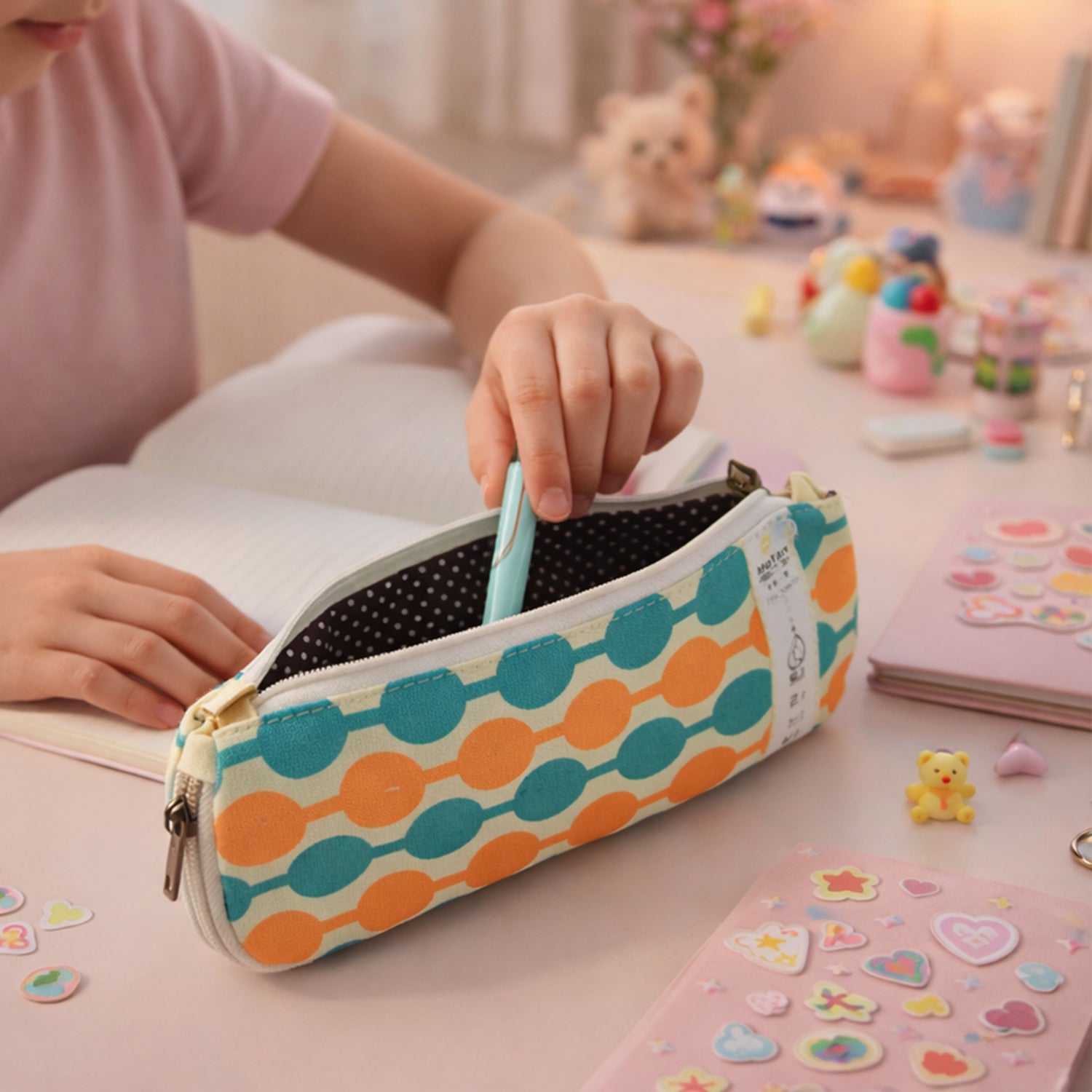 Wukusy multi-color geometric printed pencil pouch with zipper closure, designed for storing stationery and accessories.