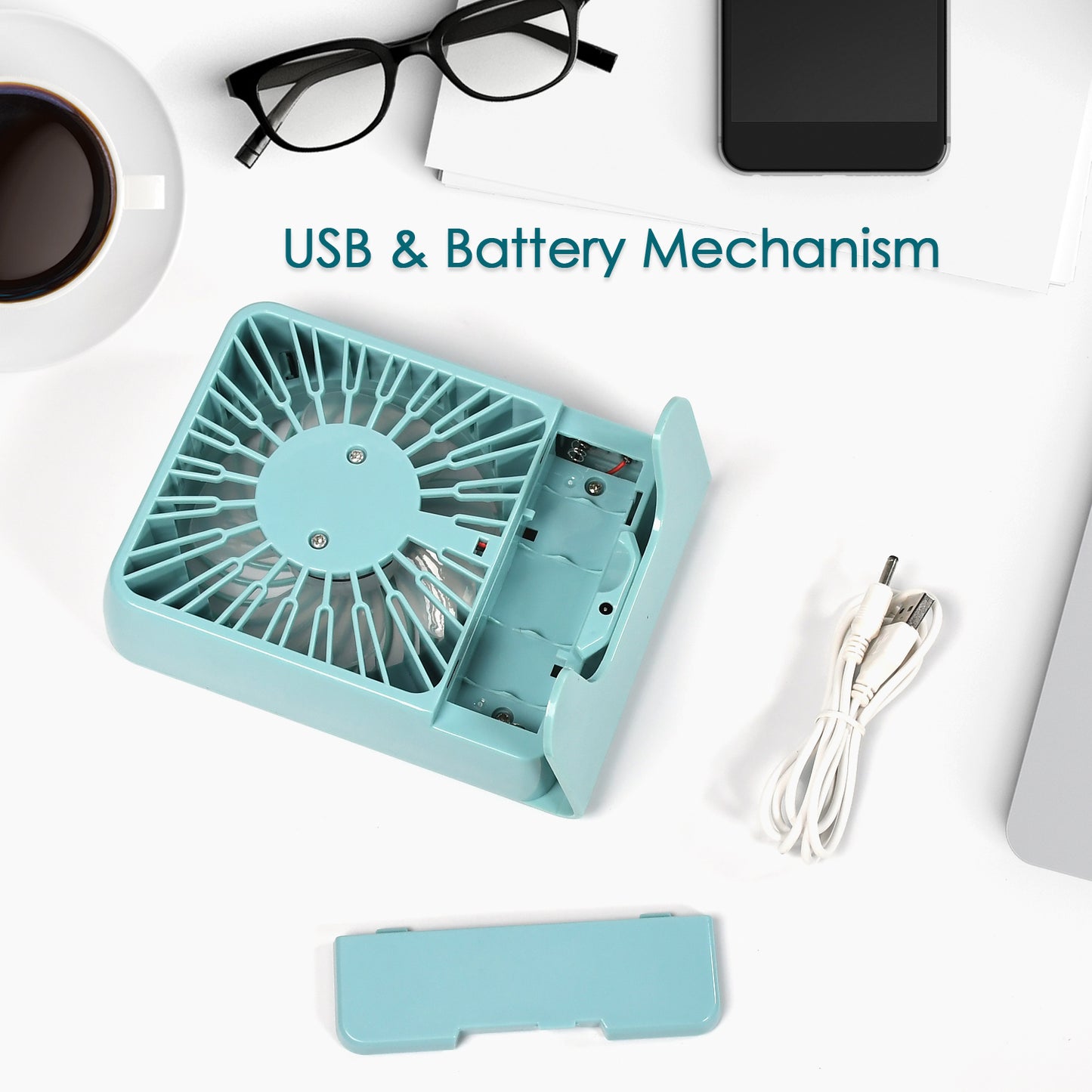 Wukusy 4810 portable desk fan with three-speed settings, compact personal fan for office, school, or home use.