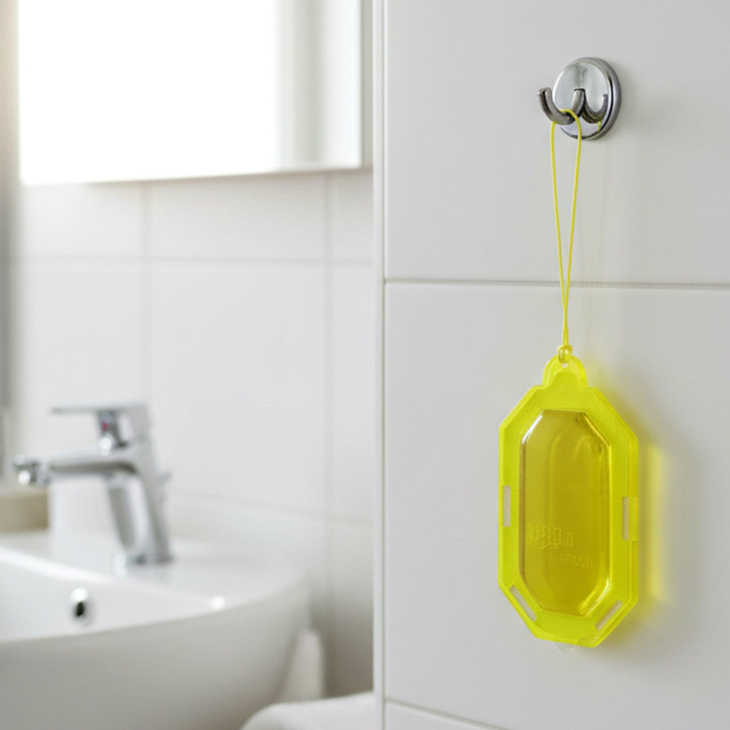 Wukusy citrus gel bathroom air freshener hanging in a bathroom, 9.5g gel freshening the space naturally