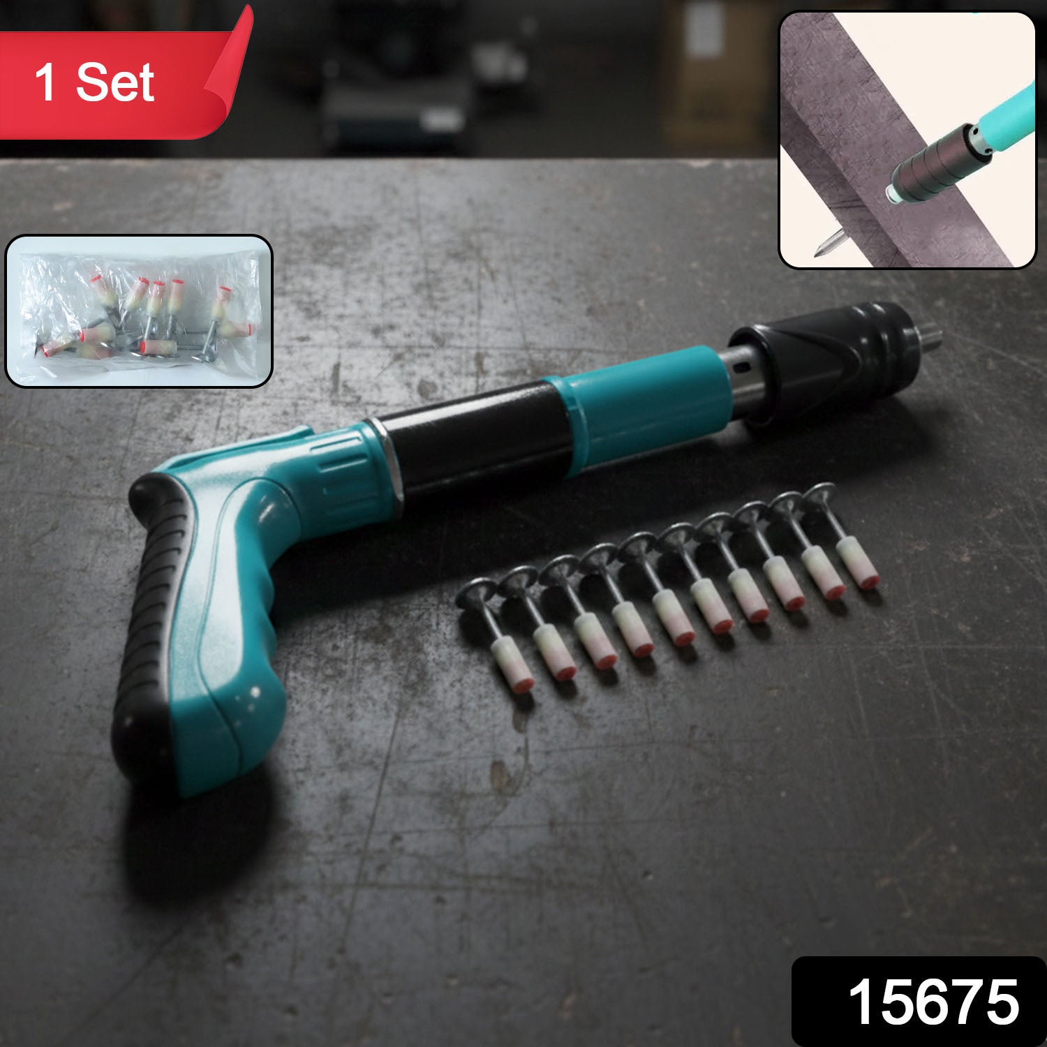 Wukusy manual wall fastening tool nail gun with steel nails set for secure wall installation, shown with the tool and nails.