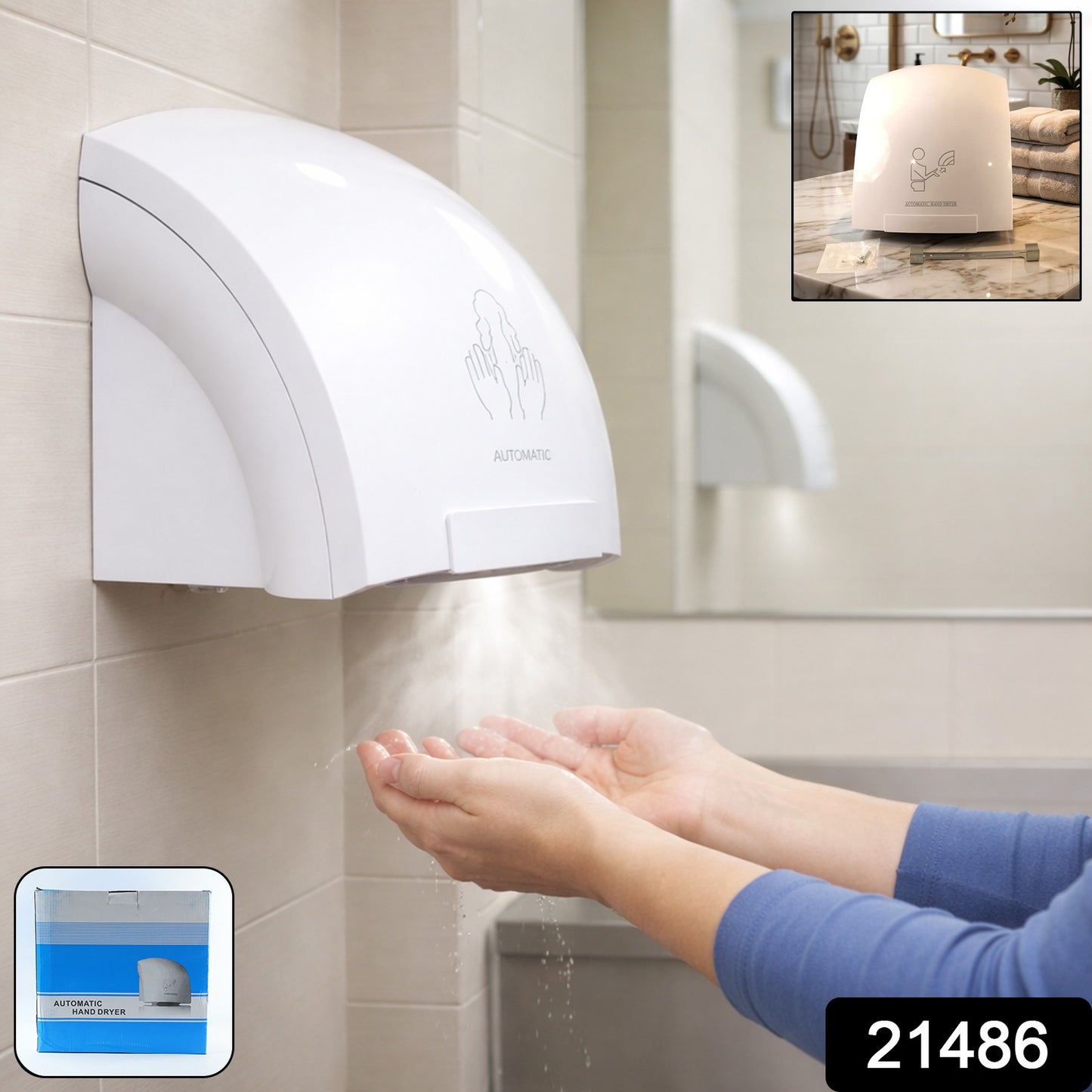 Wukusy electric wall-mounted automatic sensor hand dryer with sleek design and touchless operation, mounted on bathroom wall