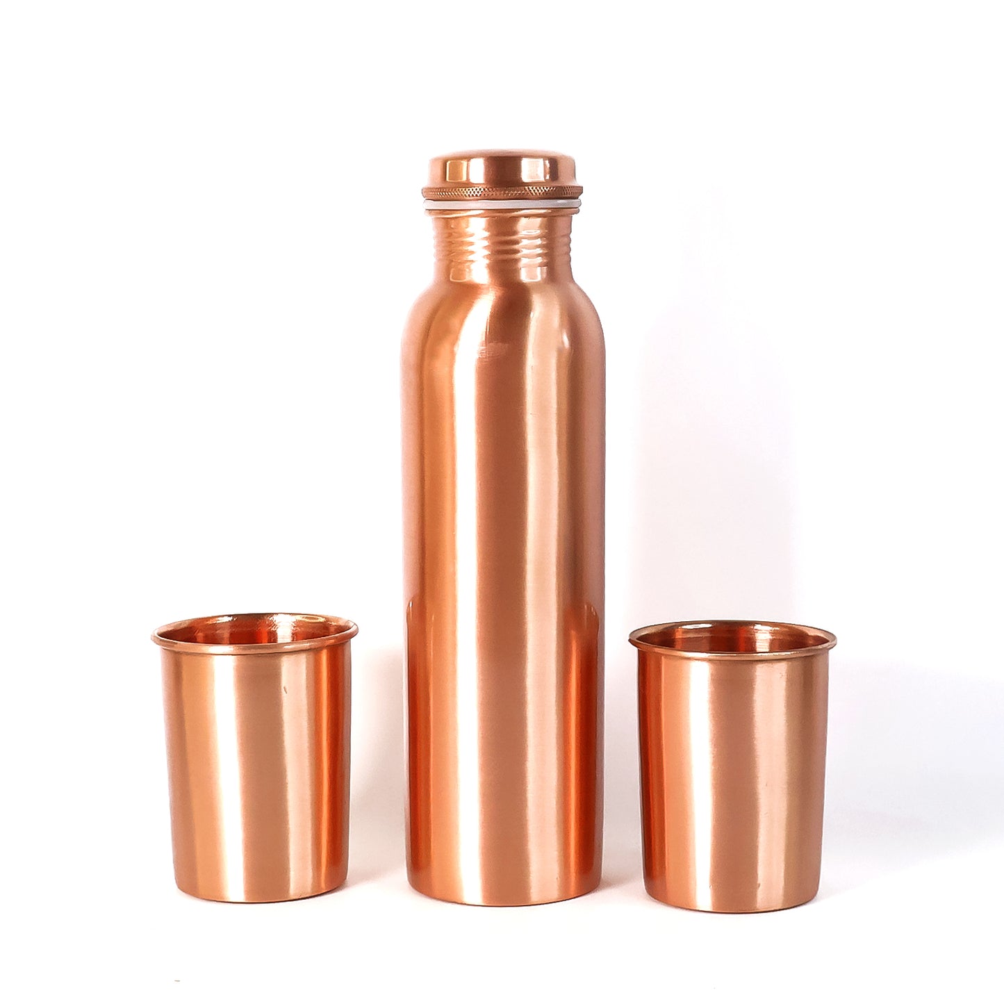 Wukusy copper water bottle with two glasses and gift box, 3-piece set, featuring polished copper finish and elegant design.
