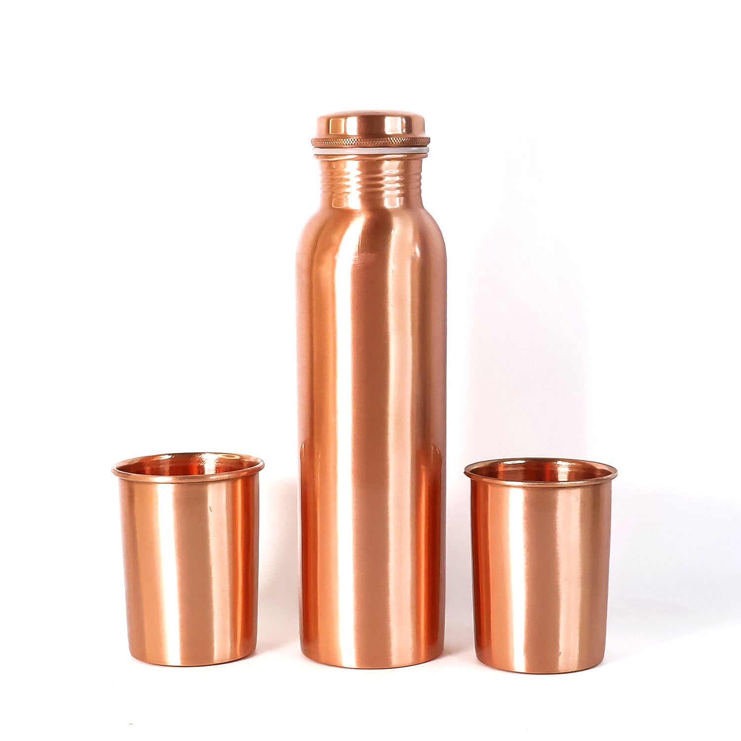 Wukusy copper water bottle with two glasses and gift box, 3-piece set, featuring polished copper finish and elegant design.