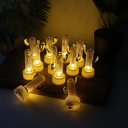 Set of 12 Wukusy decorative cactus-shaped flameless LED candles for home decor, featuring cactus designs and warm LED lighting.