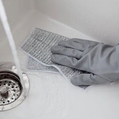 Wukusy double-sided microfiber kitchen cloth with stainless steel scrubber, non-scratch wire dishcloth, 20x20 cm, durable cleaning tool