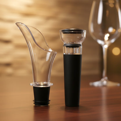 Wukusy premium wine pourer and vacuum bottle stopper set, two-piece, stainless steel and silicone, for preserving wine freshness