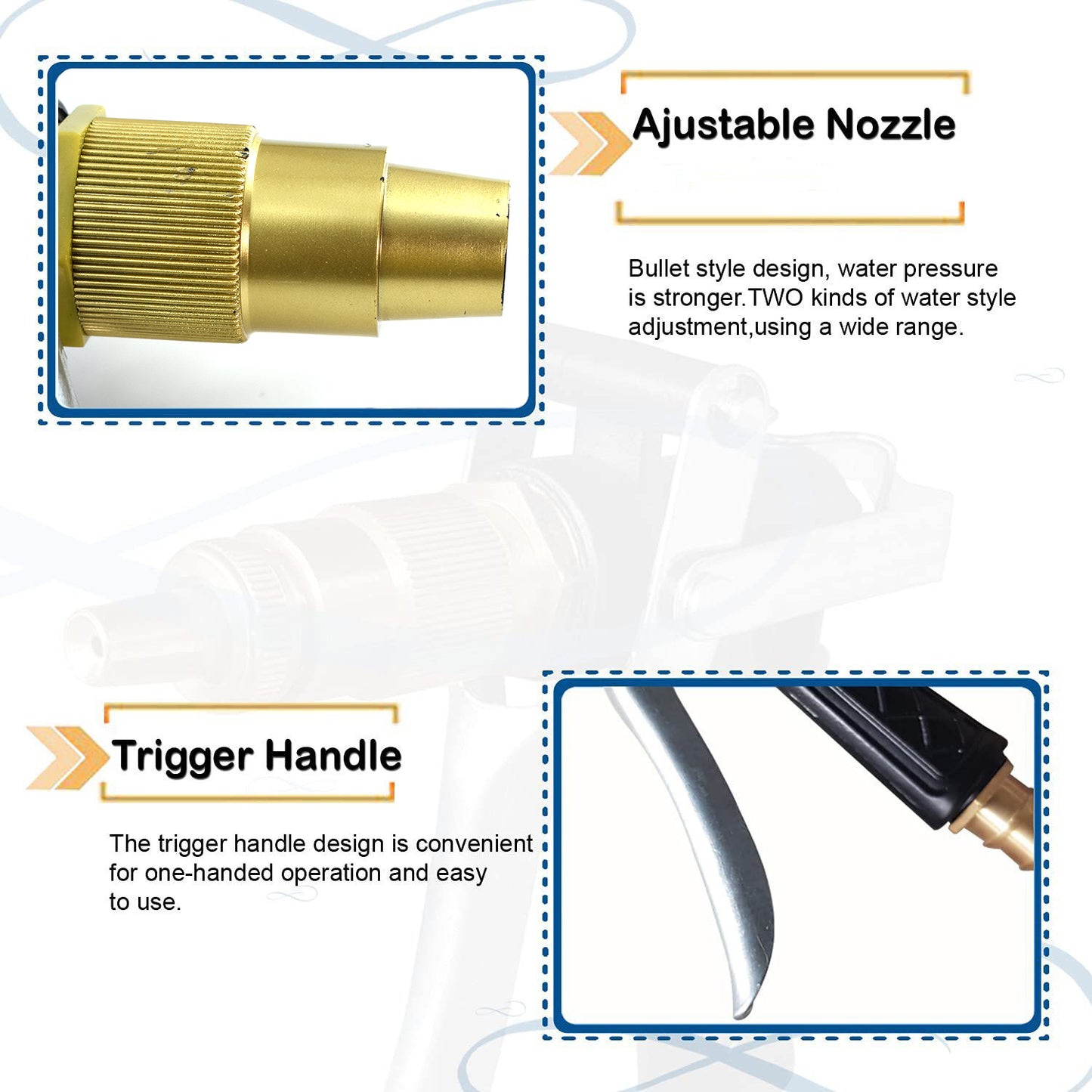 Gold plated metal trigger hose nozzle spray by Wukusy, durable hardware with lever for controlled water flow and spraying.
