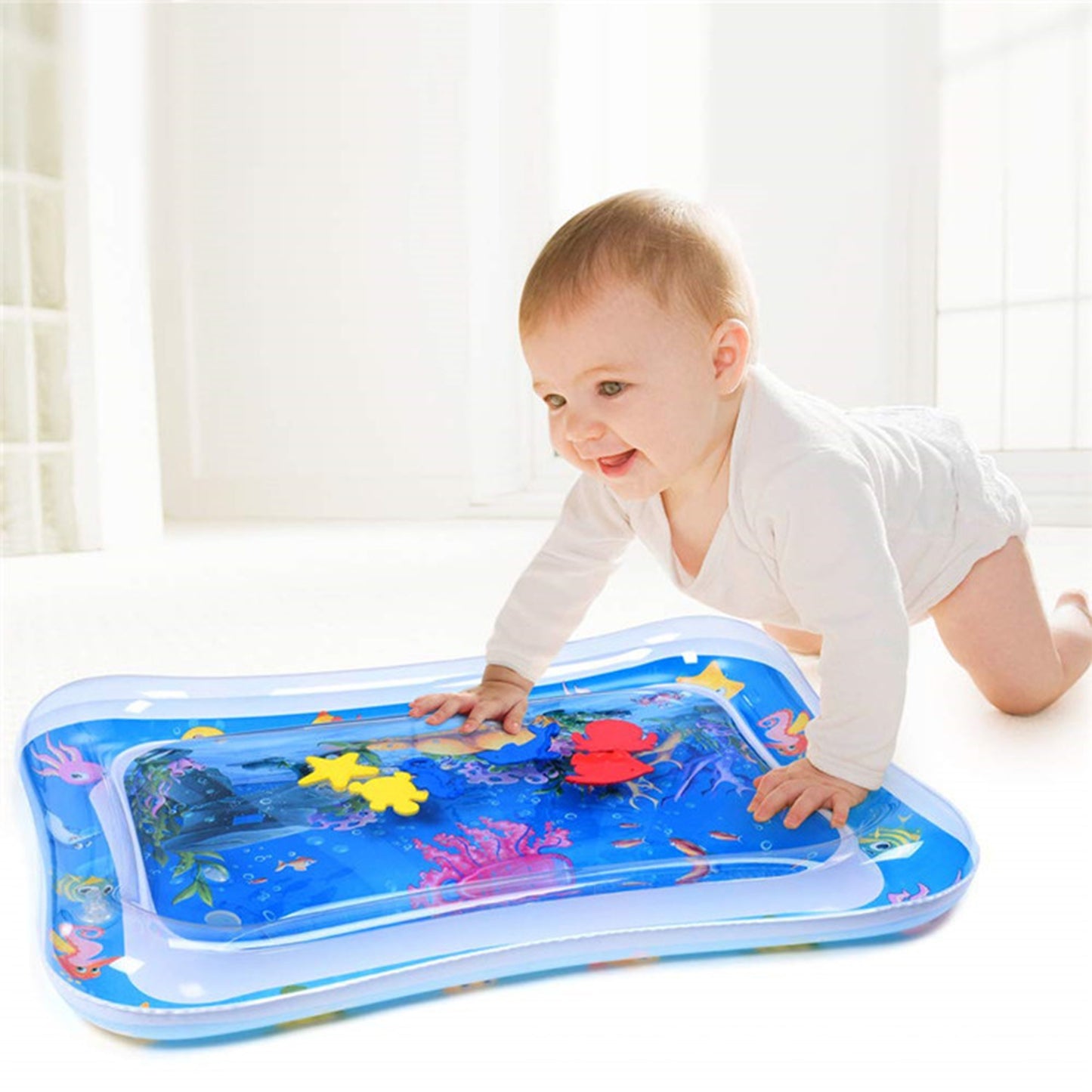 Wukusy 8090 inflatable baby water mat with colorful designs, designed for infants 3-15 months, featuring playful activity centers for baby toys.