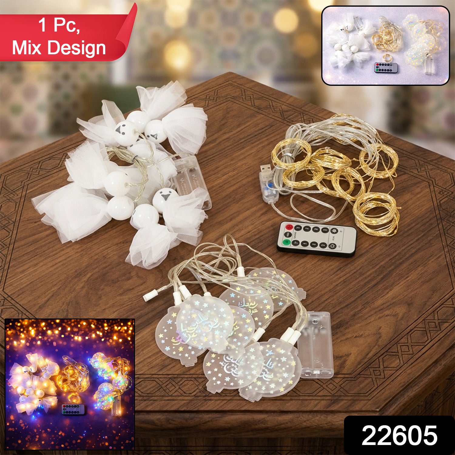 Decorative LED string light set by Wukusy with mixed design, featuring warm glowing LED bulbs on a clear wire for ambiance.