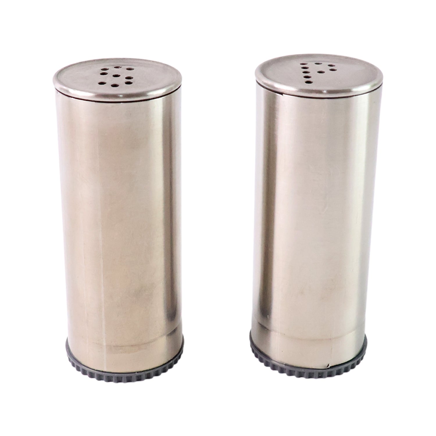 Wukusy stainless steel salt and pepper shaker set, 2-piece, with sleek, modern design and shiny finish on a kitchen countertop.