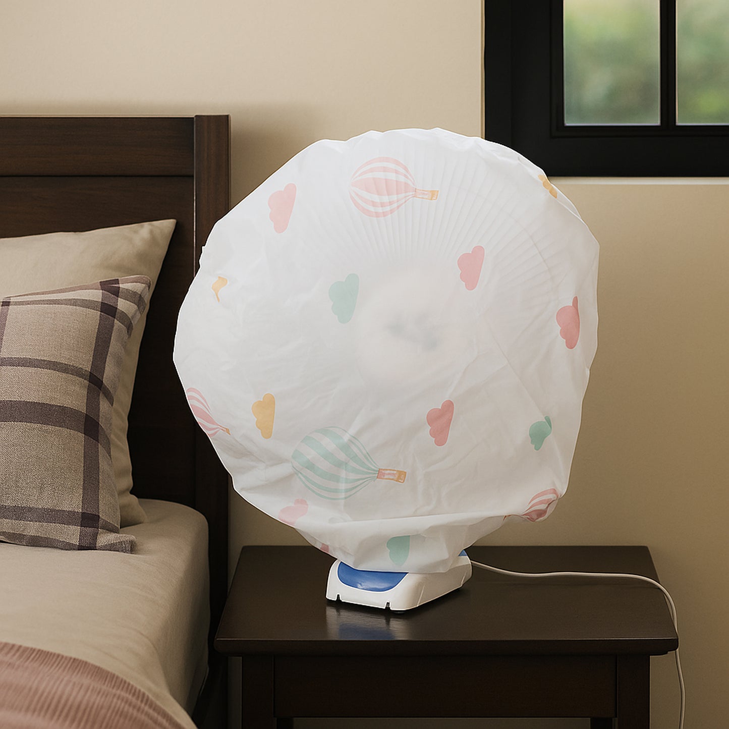 Protective dust cover for a 45 cm table fan, made of durable material, designed to keep the fan clean and free from dust.