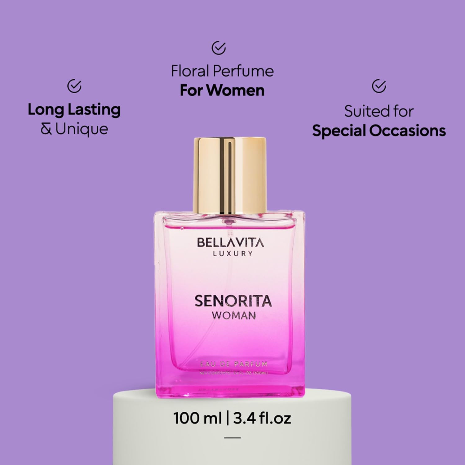 Bellavita Premium Senorita Woman Eau de Perfume bottle by Wukusy, 100ml, with elegant floral design and sleek glass packaging