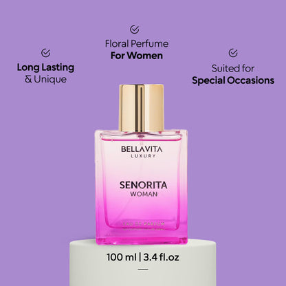 Bellavita Premium Senorita Woman Eau de Perfume bottle by Wukusy, 100ml, with elegant floral design and sleek glass packaging