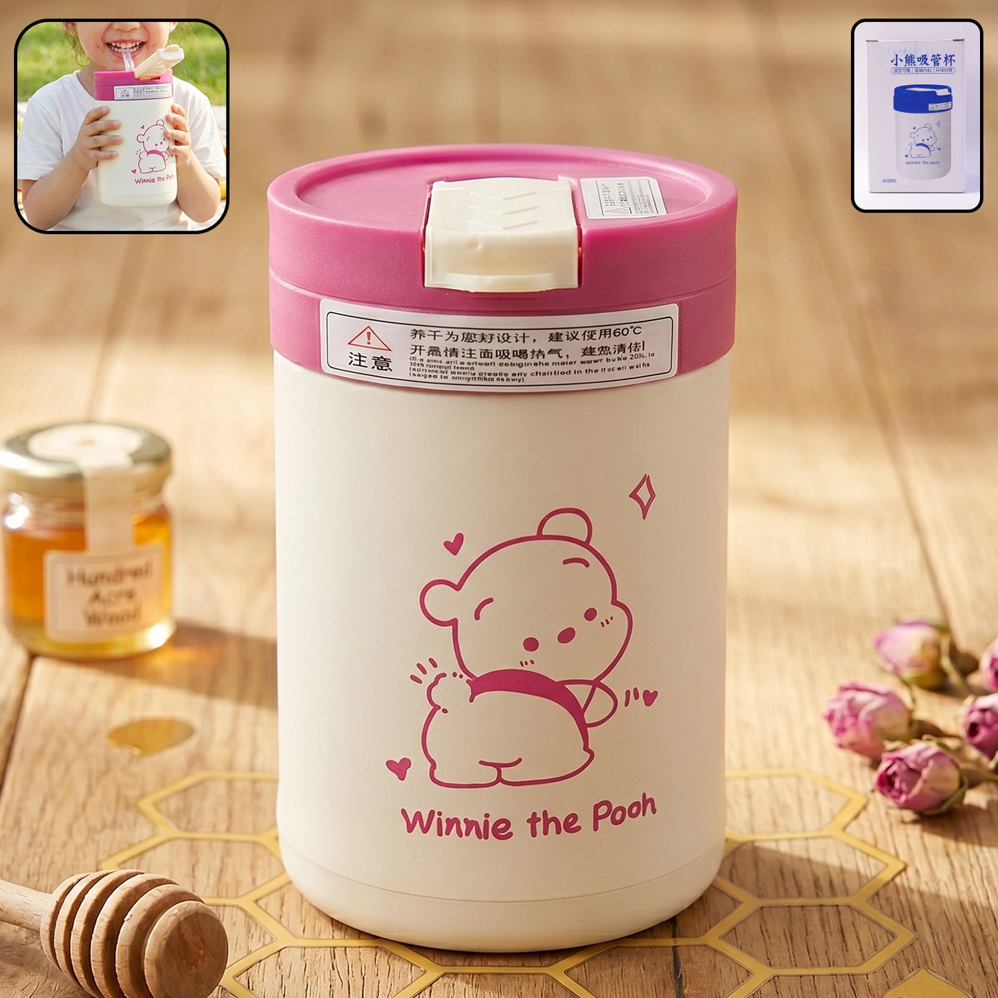 Cute cartoon printed glass tumbler with lid and straw, 400 ml, by Wukusy, featuring colorful fun character design and transparent body.