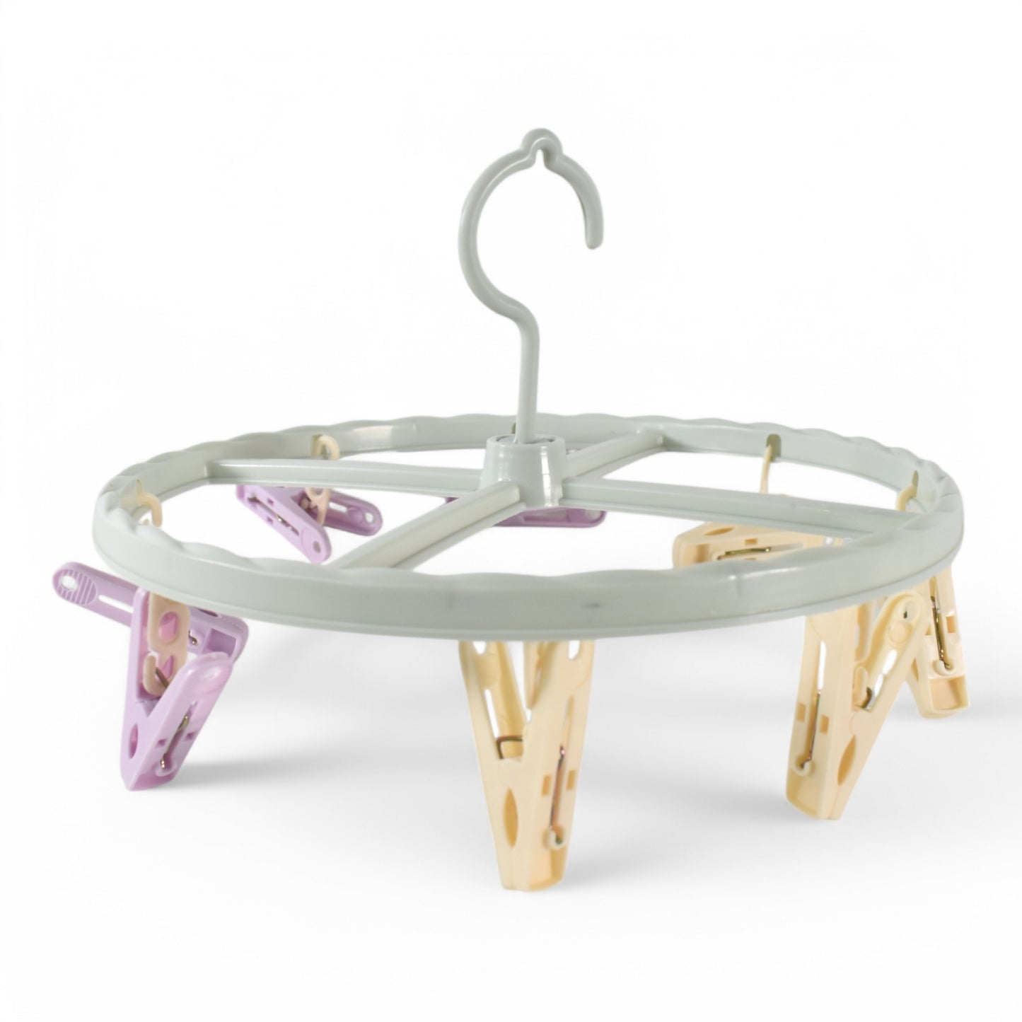 Wukusy clothespin rack laundry drying rack with multiple metal bars for hanging clothes and clothespins.