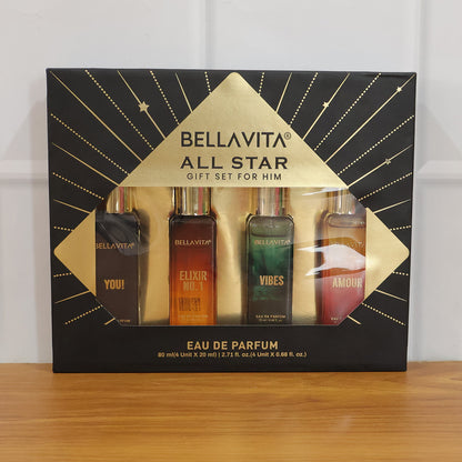Wukusy Bellavita Premium All Star perfume gift set with four 20ml bottles, elegant packaging and floral fragrance display