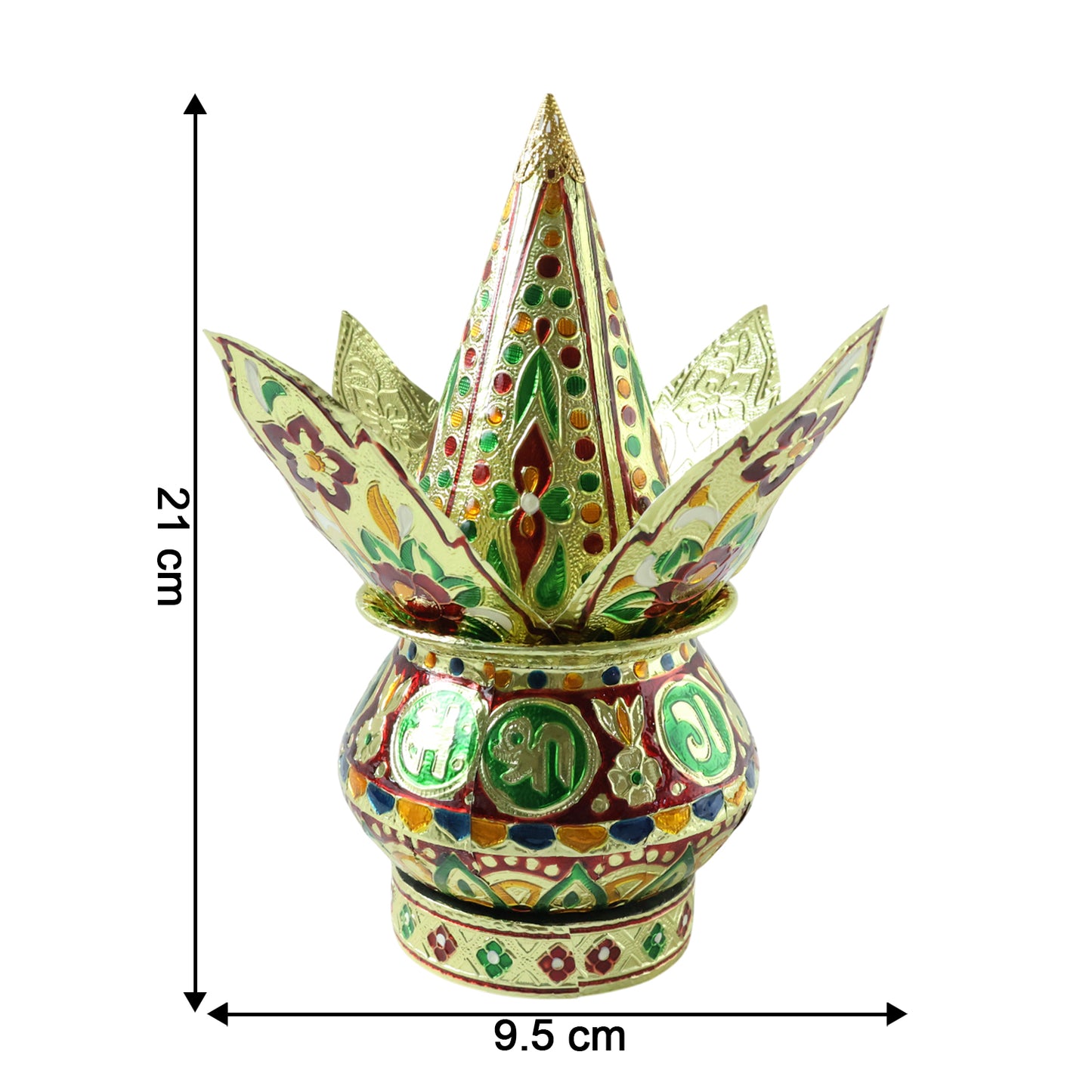Traditional decorative Pooja Kalash set by Wukusy, featuring ornate brass containers with intricate designs for religious rituals.