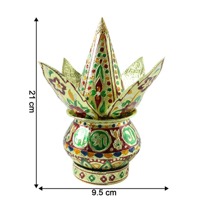 Traditional decorative Pooja Kalash set by Wukusy, featuring ornate brass containers with intricate designs for religious rituals.