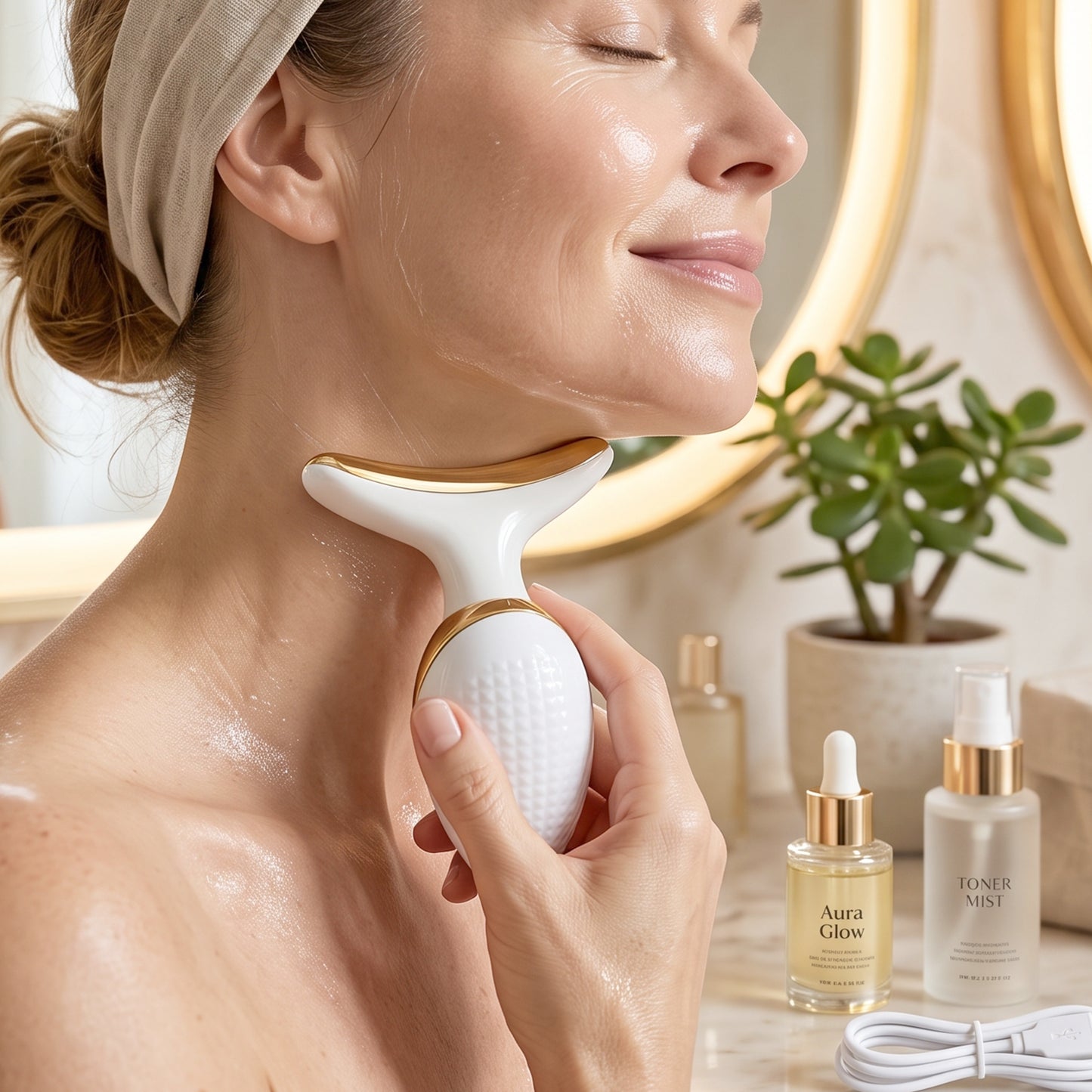 Wukusy electric neck and face massager device for lifting and firming skin, shown on a person's face in the image.
