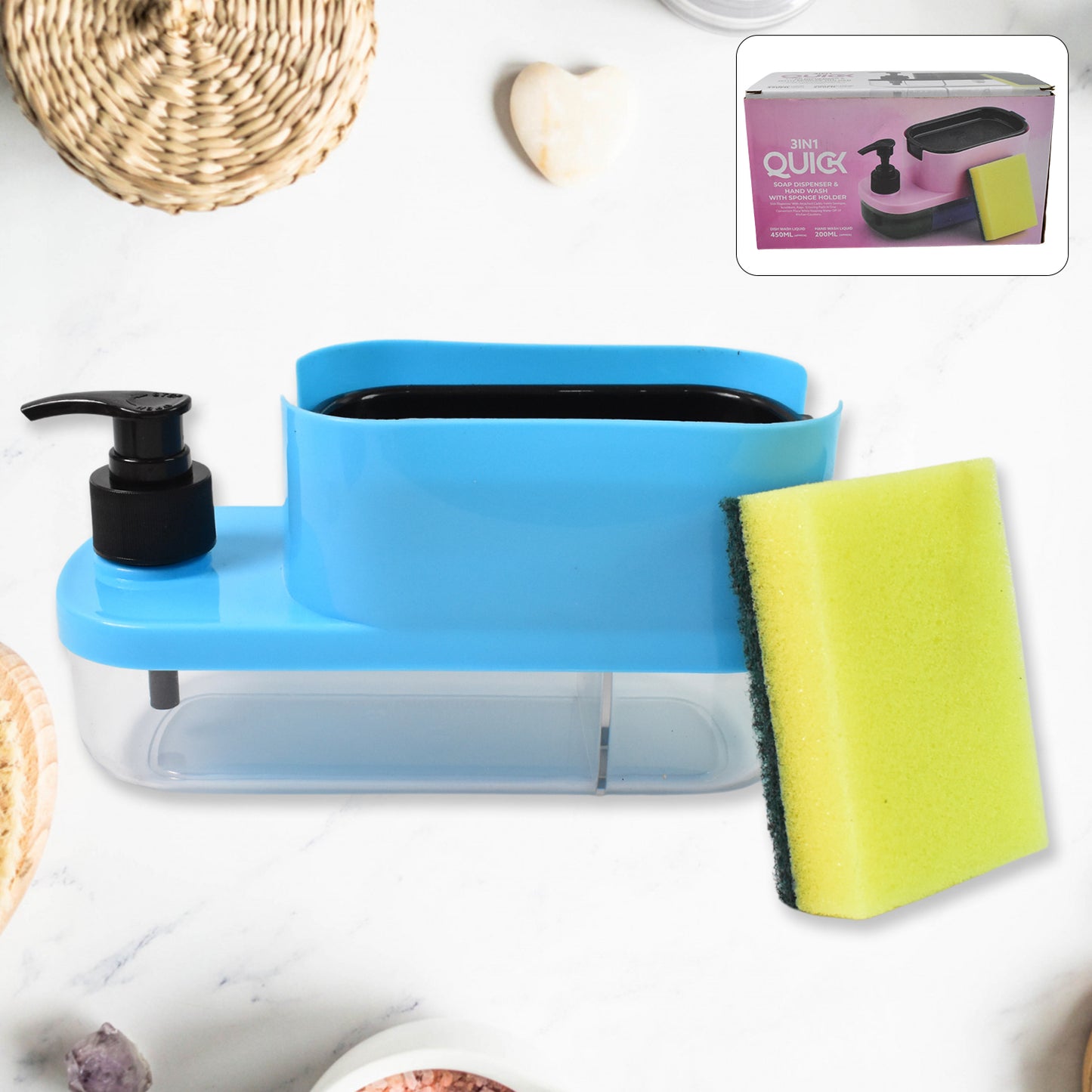 Wukusy 3-in-1 dishwashing and handwash liquid soap dispenser in a modern kitchen setting, showcasing its sleek design and multiple compartments.