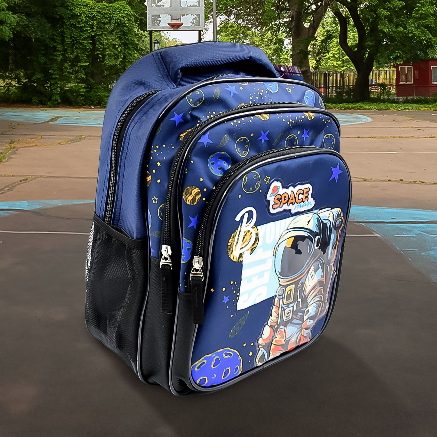 Wukusy 5-in-1 school bag set with 14-inch backpack, lunch bag, water bottle, and pencil case in mix colors, packed in box.