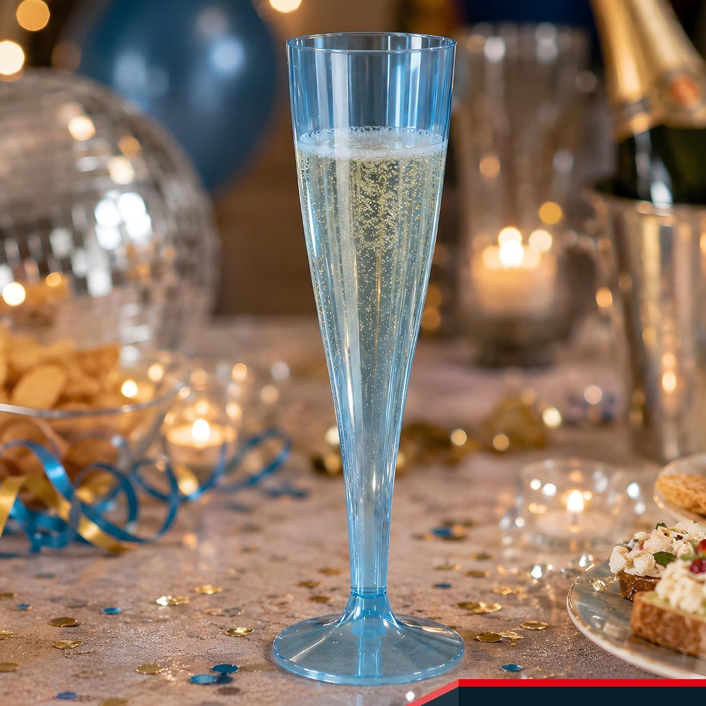 Set of six colorful reusable plastic champagne flutes by Wukusy, ideal for wine and celebratory drinks.