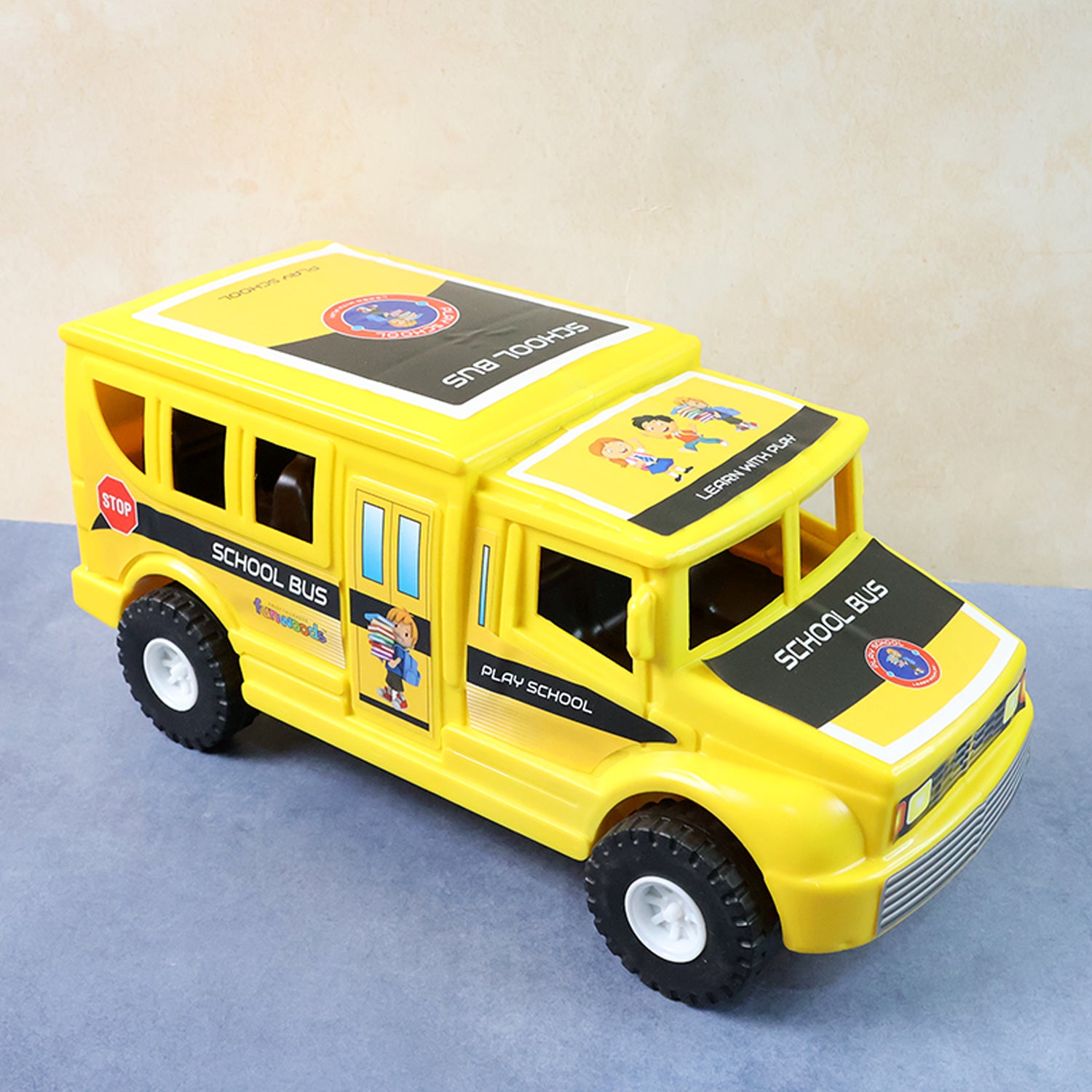 Wukusy Funwoods friction-powered school bus toy with colorful design, ready for imaginative play, shown on a plain background.