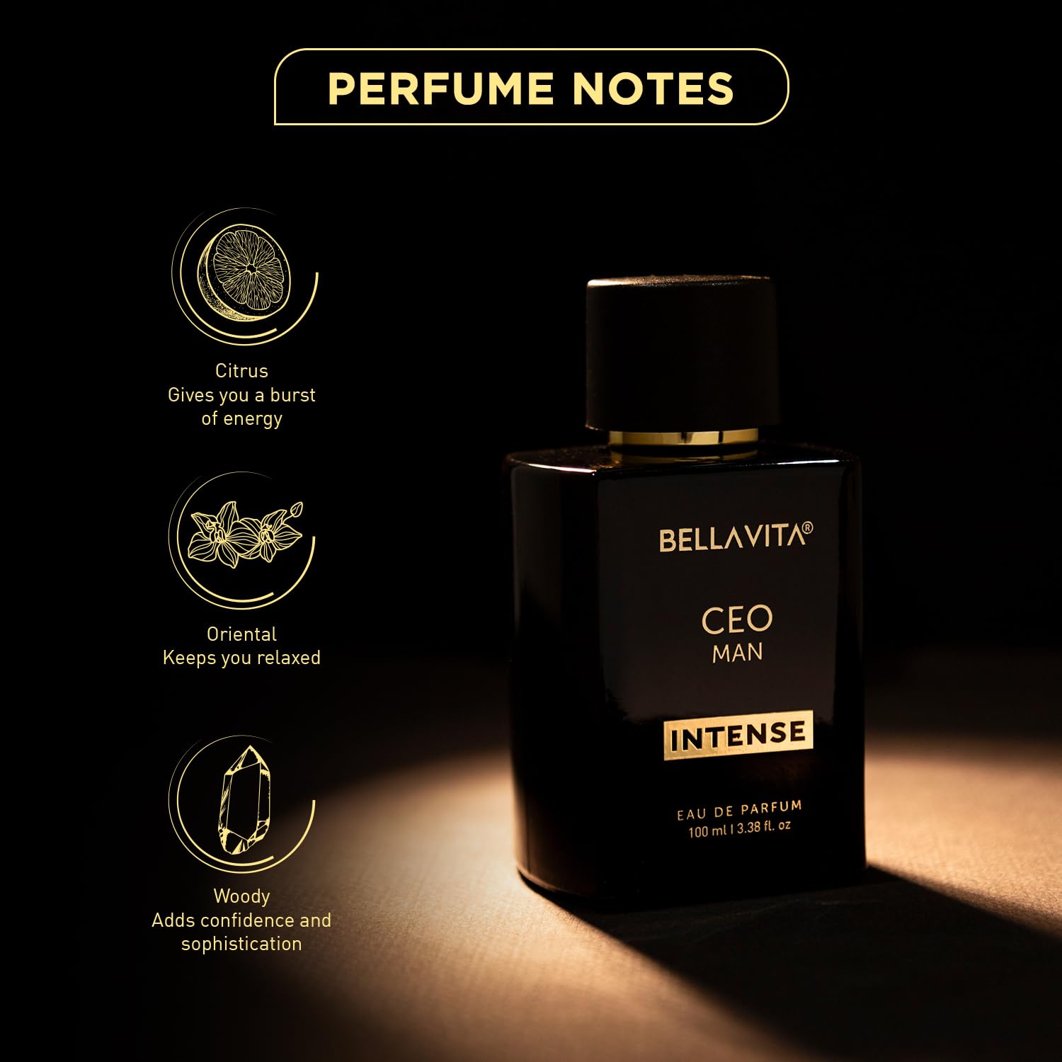 Bellavita Premium CEO Man Intense Eau de Perfume bottle by Wukusy, 100ml, with sleek black design and elegant cap.