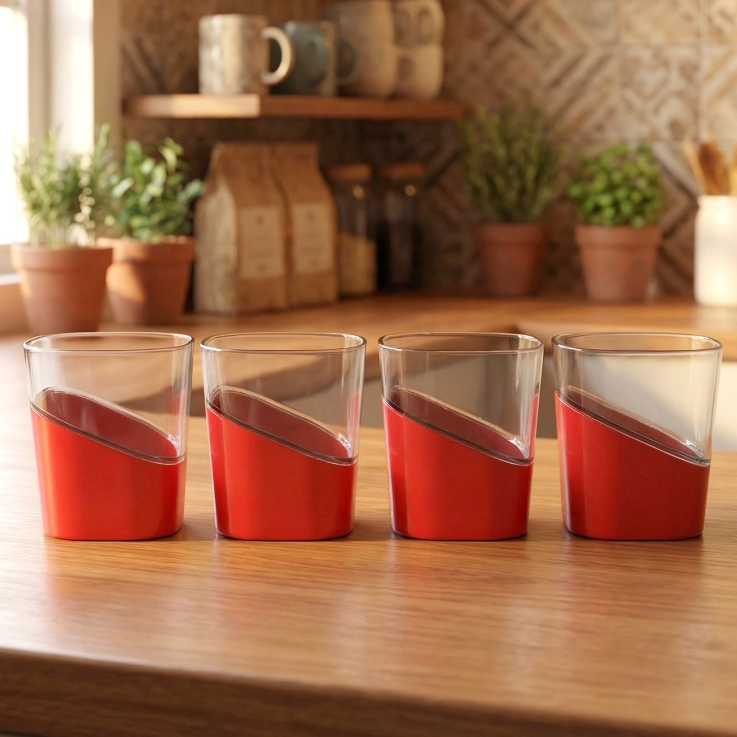 Set of four Wukusy Prexo Stylish Grip Base Plastic Selo Glass containers, each 300ml, with clear glass and secure grip lids.
